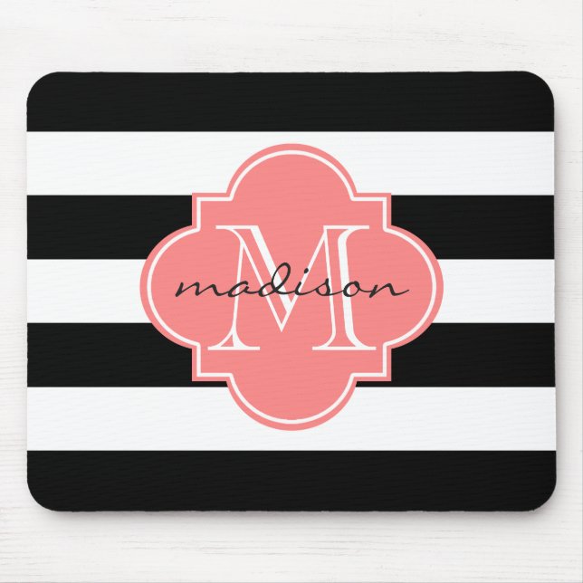 Black and Coral Nautical Stripes Custom Monogram Mouse Pad (Front)