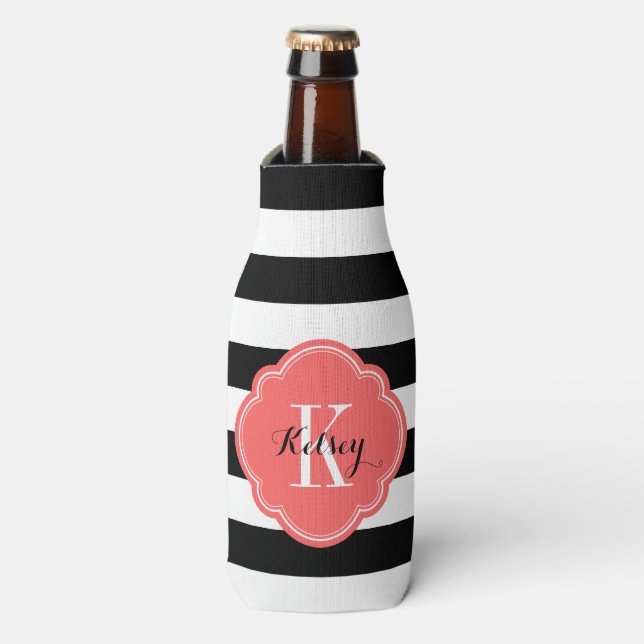 Black and Coral Preppy Stripes Monogram Bottle Cooler (Bottle Front)