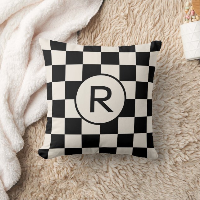 Black and Cream Chequered Pattern Custom Monogram Throw Pillow (Blanket)