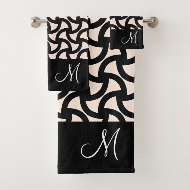 Black and Cream Modern Elegant Monogram Bath Towel Set (Insitu)