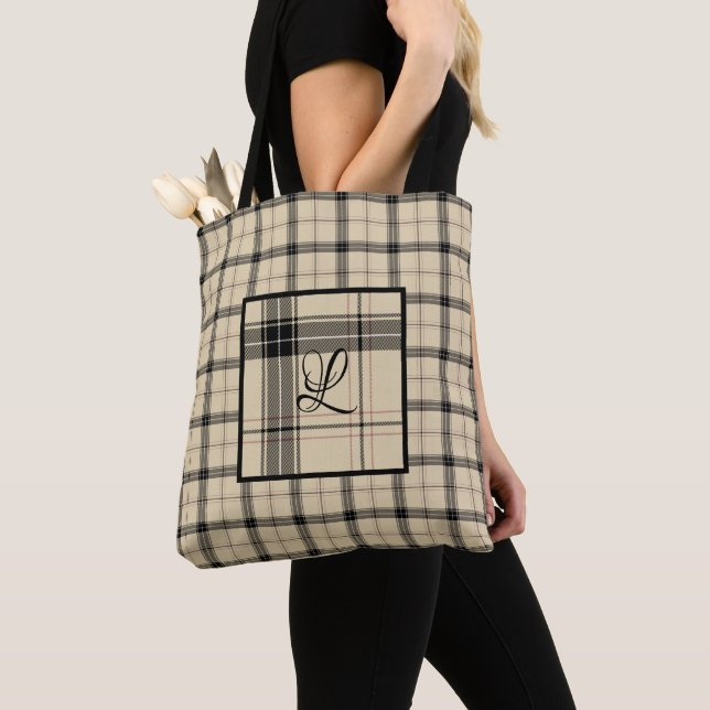 Black and Cream Plaid Personalized Tote Bag (Close Up)