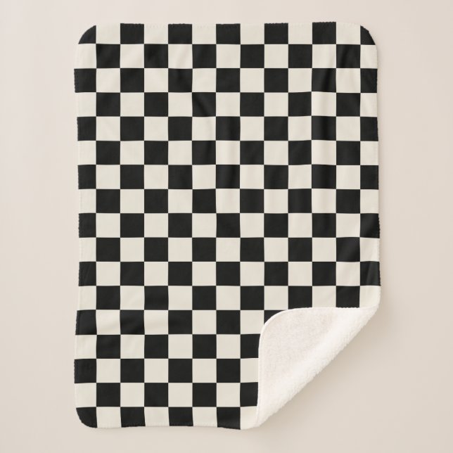 Black and Cream Retro Check Sherpa Blanket (Front)