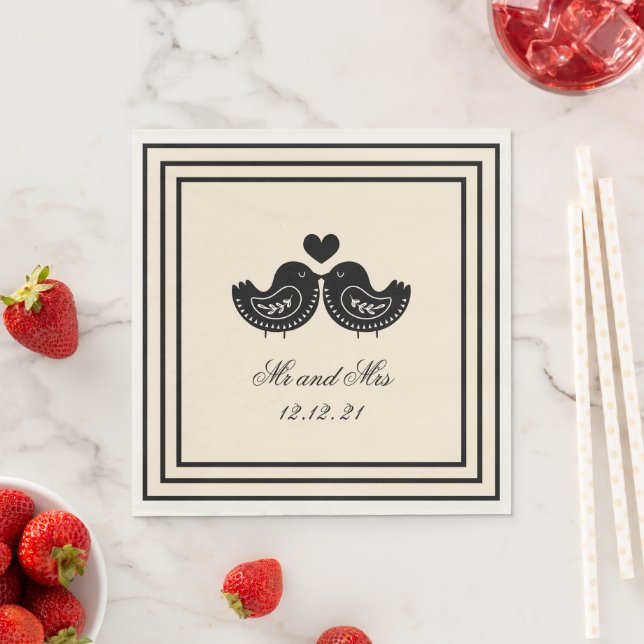 Black and Cream Swedish Love Bird Wedding Napkins (Insitu)