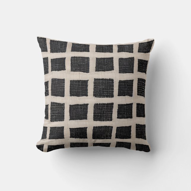 Black and Cream Textured Squares Throw Pillow (Front)