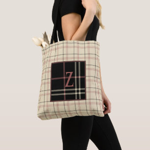 Black and Cream With Pink Initial Tote Bag