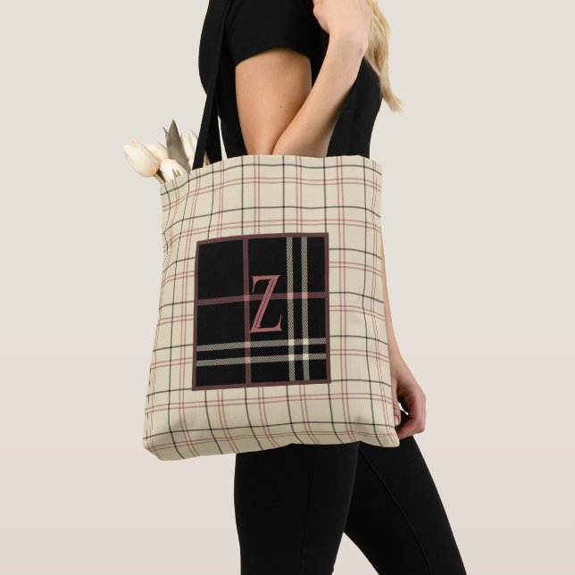Black and Cream With Pink Initial Tote Bag (Close Up)