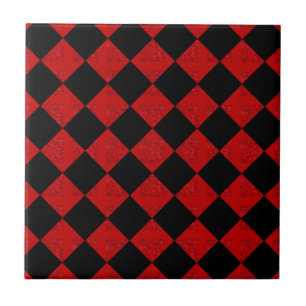 Black and crimson red diamond chequered pattern tile
