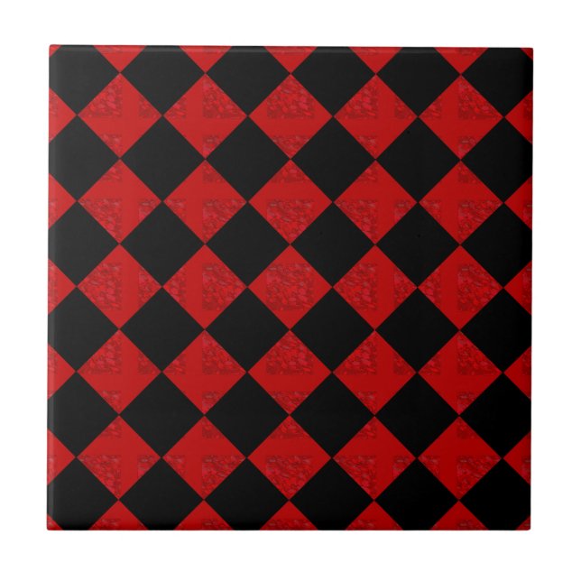 Black and crimson red diamond chequered pattern tile (Front)