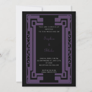 Black and Dark Purple Vintage Art Deco Wedding Invitation