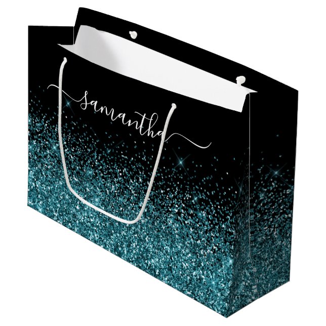 Black and Dark Teal Glitter Elegant Name Large Gift Bag (Front Angled)