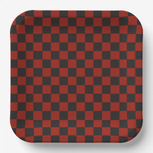 Black and Deep red chequerboard pattern Paper Plate