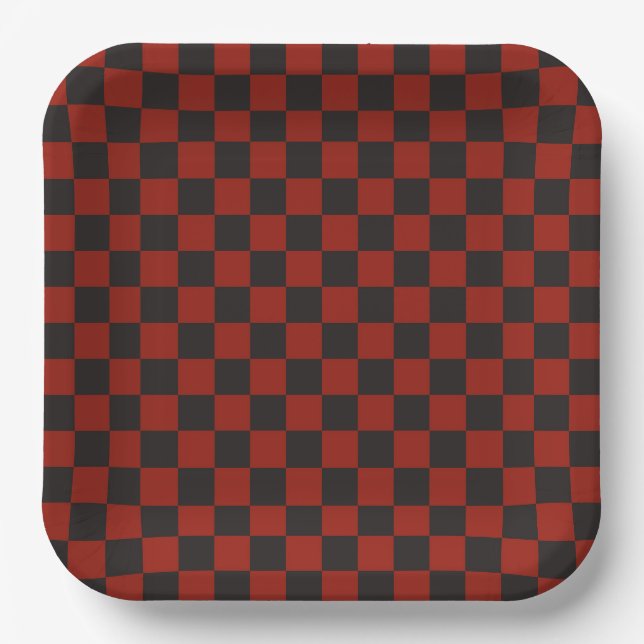 Black and Deep red chequerboard pattern Paper Plate (Front)
