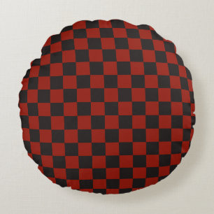 Black and Deep red chequerboard pattern Round Pillow