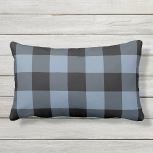 Black and Denim Blue Gingham Buffalo Check Pattern Lumbar Pillow