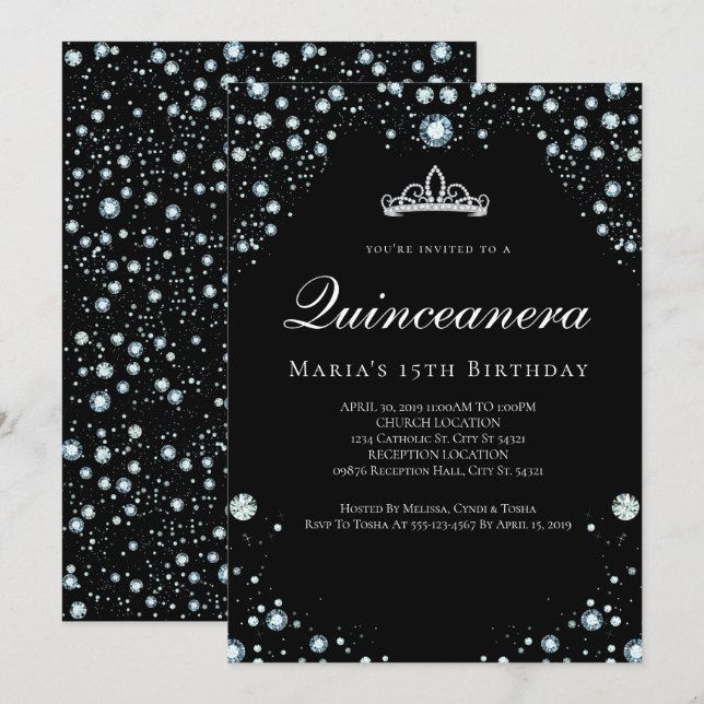 Black and Diamond Quinceanera Invitations (Front/Back)