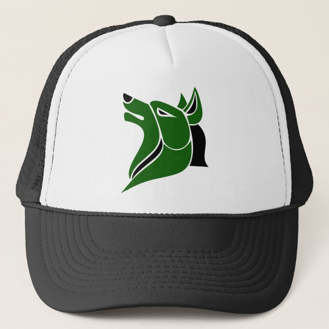 Black and Dk Green Solid Wolf Head Trucker Hat (Front)