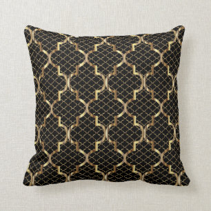 Black and Dual Gold Quatrefoil Pattern Throw Pillow