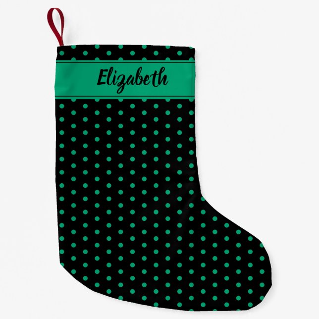 Black and Emerald Green Polka Dots Personalized Small Christmas Stocking (Front)