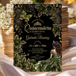 Black and Emerald Green Quinceañera Golden Tiara  Invitation