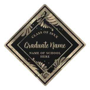 Black and Faux 24K Gold Leaf Elegance Luxury Graduation Cap Topper