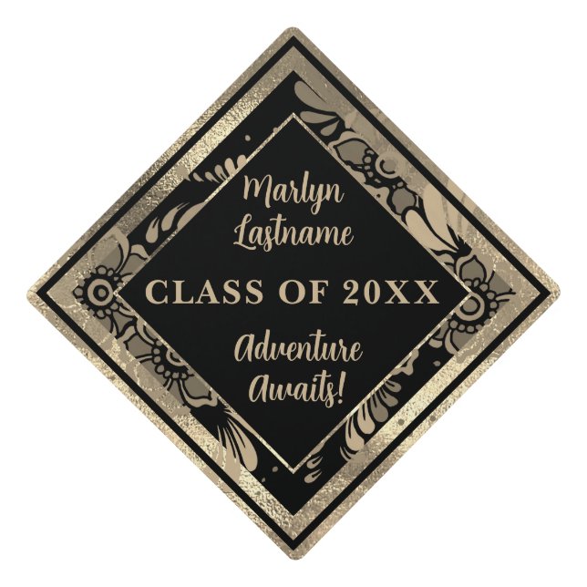 Black and Faux 24K Gold Leaf Elegance Luxury Graduation Cap Topper (Front)