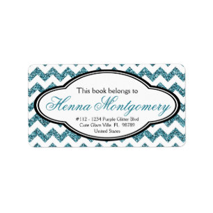 Black and Faux Glitter Aqua Blue Chevron Bookplate Label