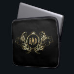 Black And Faux Glitter Girly Floral Frame Laptop Sleeve<br><div class="desc">Elegant black and gold faux glitter swirls oval frame with a crown. Customizable 3 initials monogram.</div>