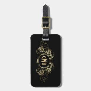 Black And Faux Glitter Girly Floral Frame Luggage Tag