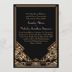 Black and Faux Gold Art Deco Gatsby Style Wedding Invitation