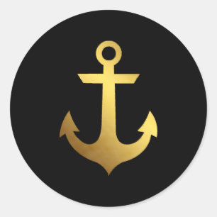 Black and Faux Gold Foil Anchor Classic Round Sticker