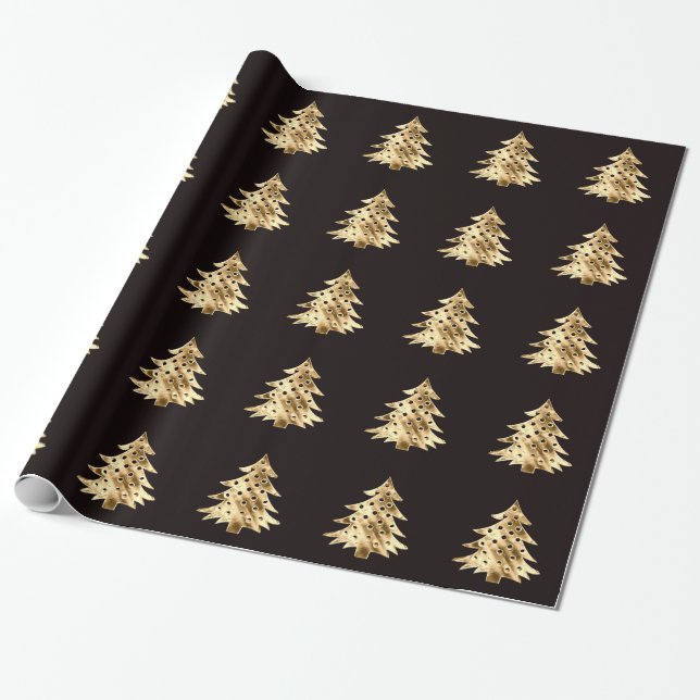 Black and Faux Gold Foil Christmas Tree Pattern Wrapping Paper (Unrolled)