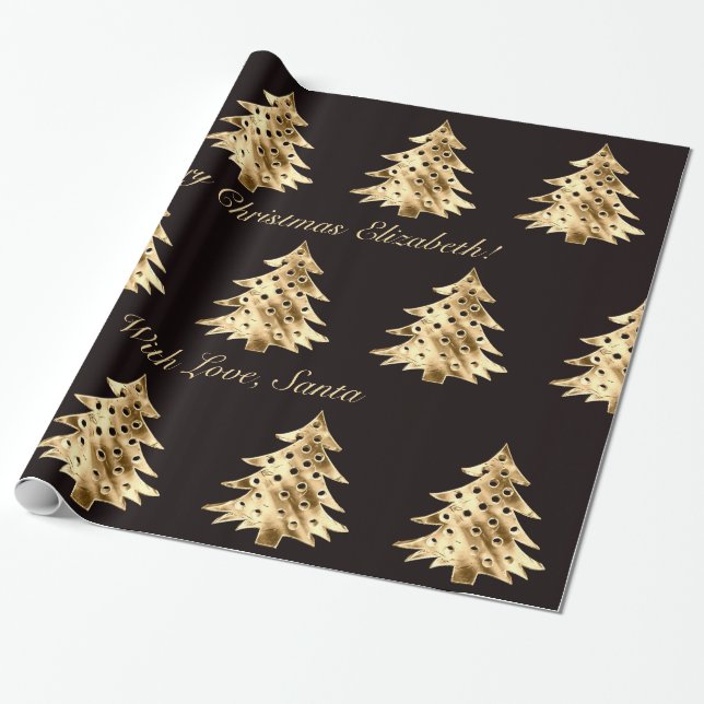 Black and Faux Gold Foil Christmas Tree Pattern Wrapping Paper (Unrolled)