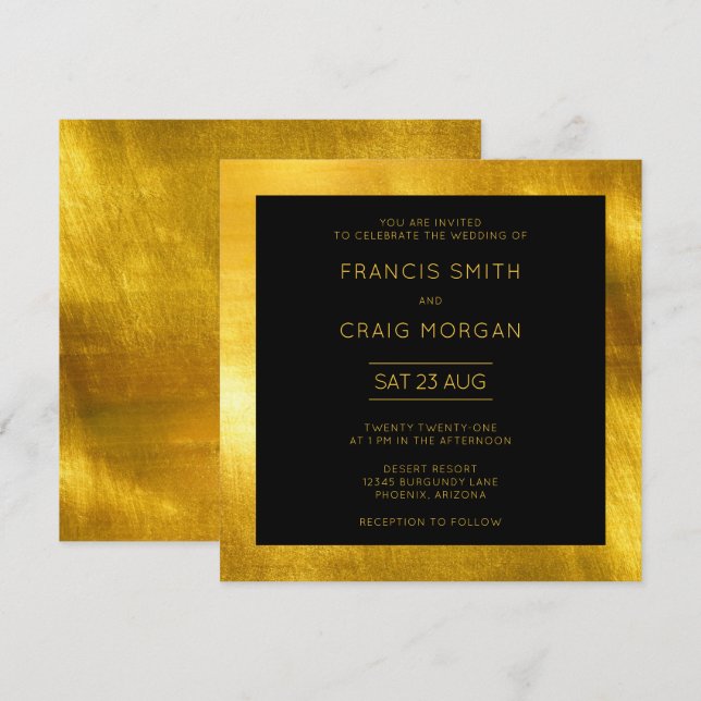 Black and Faux Gold Foil Modern Wedding Invitation (Front/Back)