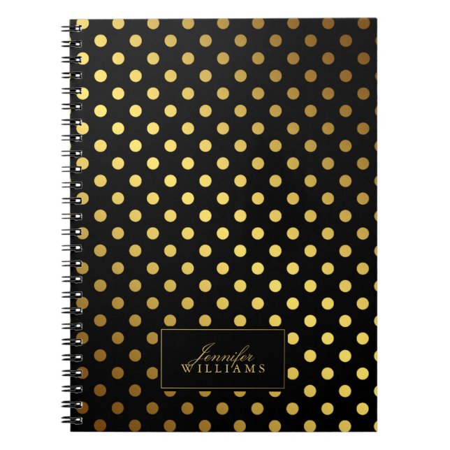 Black and Faux Gold Foil Polka Dots Notebook (Front)