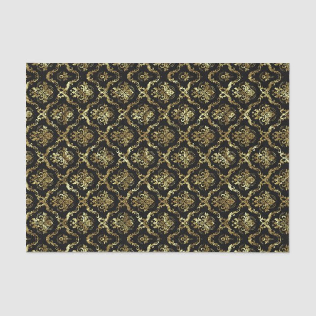 Black And Faux Gold Shiny Floral Damasks  Tissue Paper (Front)