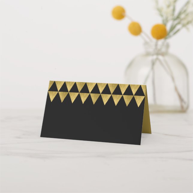 Black and Faux Gold Triangle Geometric Pattern Place Card (Front)