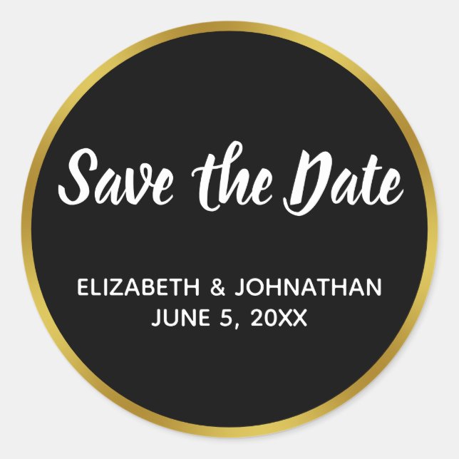 Black and Faux Gold Wedding Save the Date Classic Round Sticker (Front)