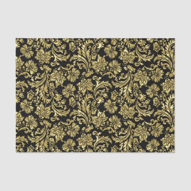 Black And Faux Metallic Gold Floral Damasks Tissue Paper (Front)