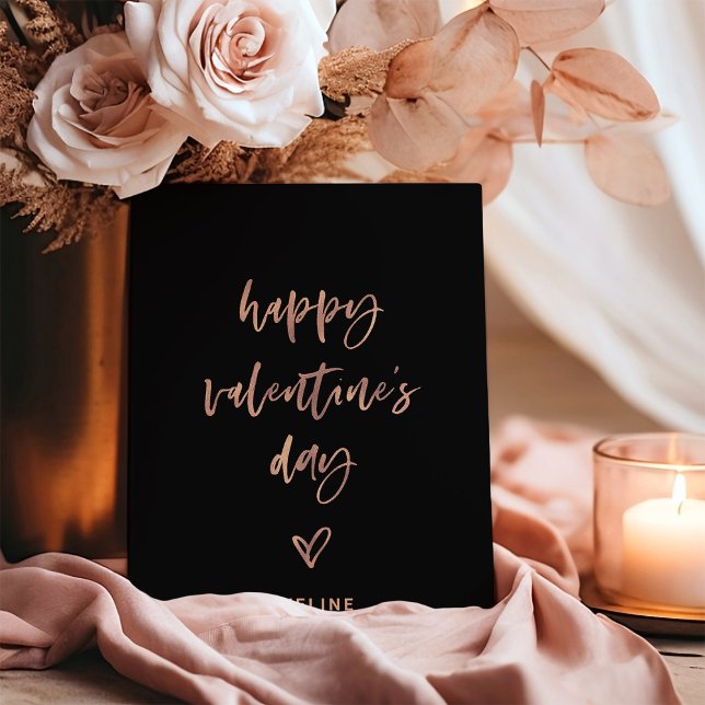 Black and Faux Rose Gold Script | Heart Valentine Holiday Card (An elegant black Valentine's Day card with casual faux rose gold script and a heart)