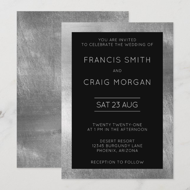 Black and Faux Silver Foil Modern Wedding Invitation (Front/Back)