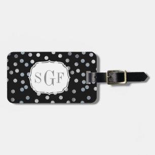 Black and Faux Silver Glitter City Dots Monogram Luggage Tag