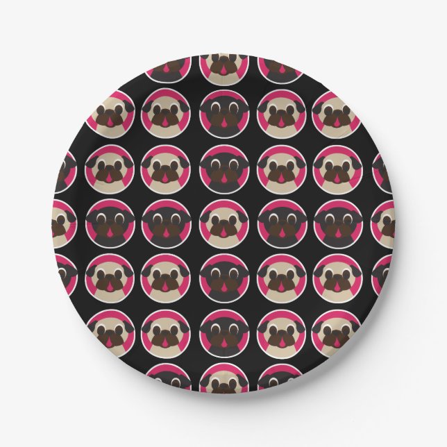 Black and Fawn Pug Heads Birthday Party Paper Plate (Front)