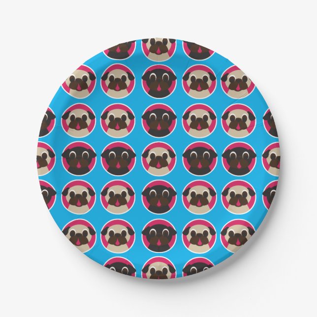 Black and Fawn Pug Heads in Circles Party Plates (Front)