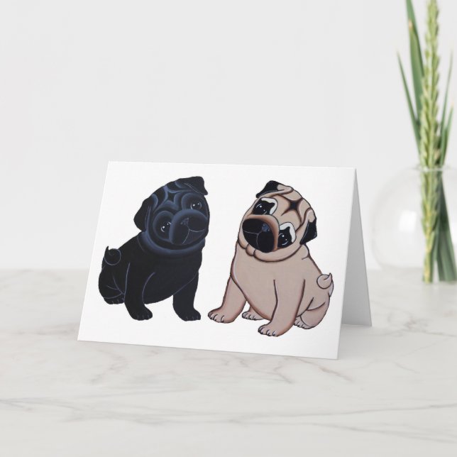 Black and Fawn Pug Puppies Greeting Cards (Front)