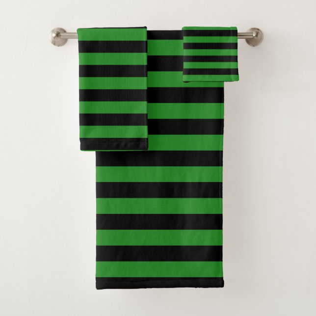 Black And Forest Green Horizontal Stripe Bath Towel Set (Insitu)