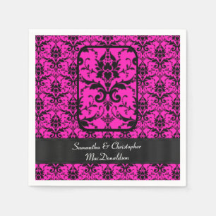 Black and fuchsia pink damask pattern napkin