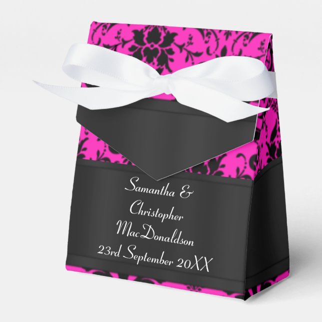 Black and fuchsia pink damask wedding favor box (Front Side)