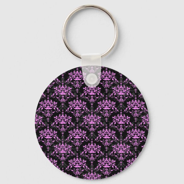 Black and Fushia Floral Damask Pattern Keychain (Front)