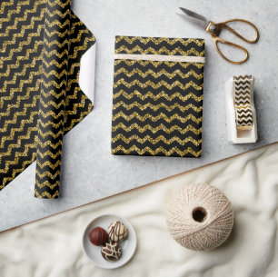 Black And Glitter Gold Zigzag Pattern Wrapping Paper