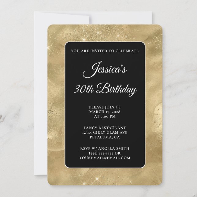 Black and Glittery Gold Ink 30th Birthday Invitation (Front)